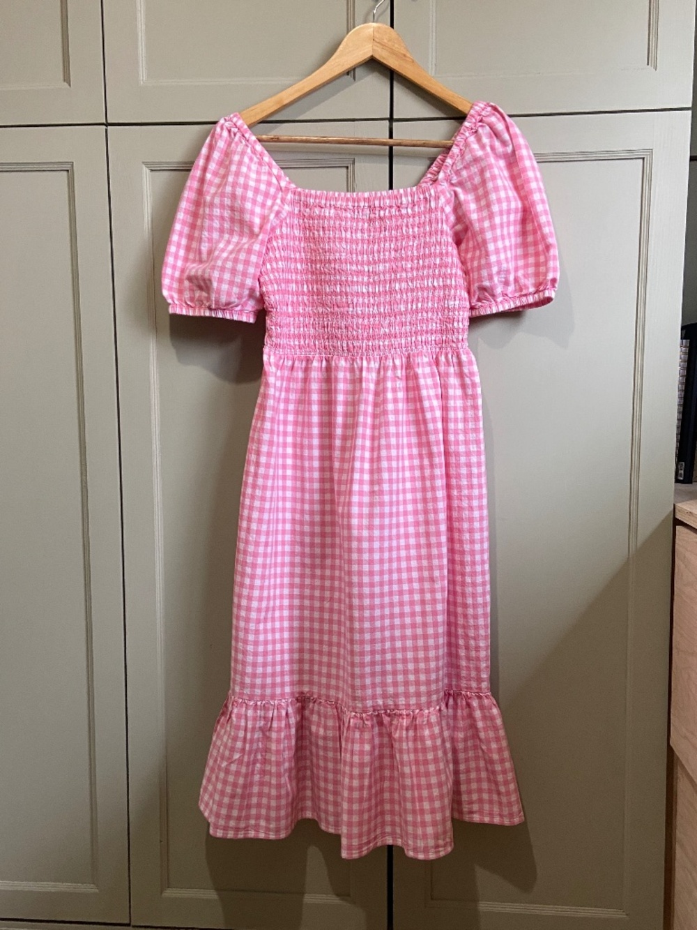 Pink Gingham Smocked Midi Dress, cotton sundress with puff sleeves